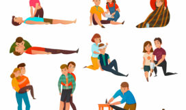 Educative cardiac arrest assistance program and emergency first aid resuscitation procedures cartoon icons collection isolated vector illustration